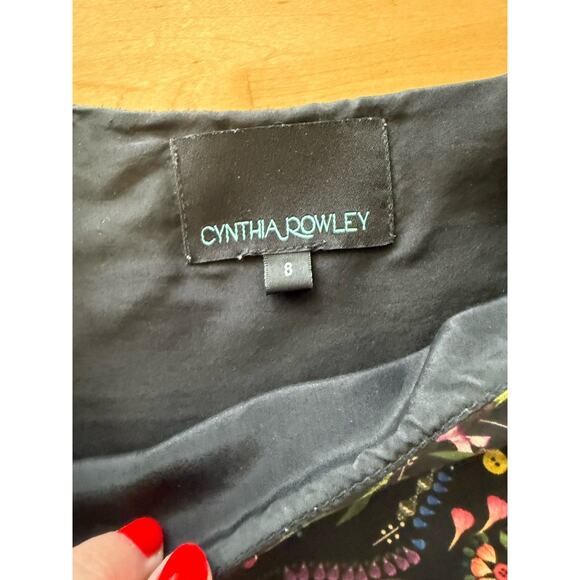 CYNTHIA ROWLEY Black Floral Ruffle Hem Swing Flounce Dress Long Sleeve 8 - Picture 3 of 4